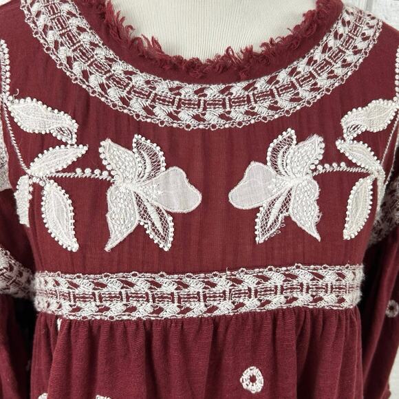 Free People Women Edie Tiered Embroidery Blouse Top Boho Western Red Size XS - Picture 5 of 10